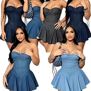 Nouvelle collection été 2026 : Mini-robe trapèze style Spicy Girl, épaules dénudées, bustier, couleur unie, jupe en jean pour <span class=keywords><strong>femme</strong></span> - Product Image 1