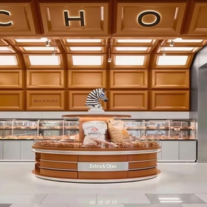 Vitrine ou comptoir de présentation pour pain, pâtisserie et gâteaux avec éclairage, en fer et bois combinés, pour centre commercial et boulangerie - Product Image 5