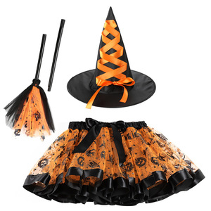Costume d'Halloween pour enfants, jupe tutu en maille imprimée, chapeau de sorcière et balai, jupe bouffante, style européen et américain pour filles - Product Image 1