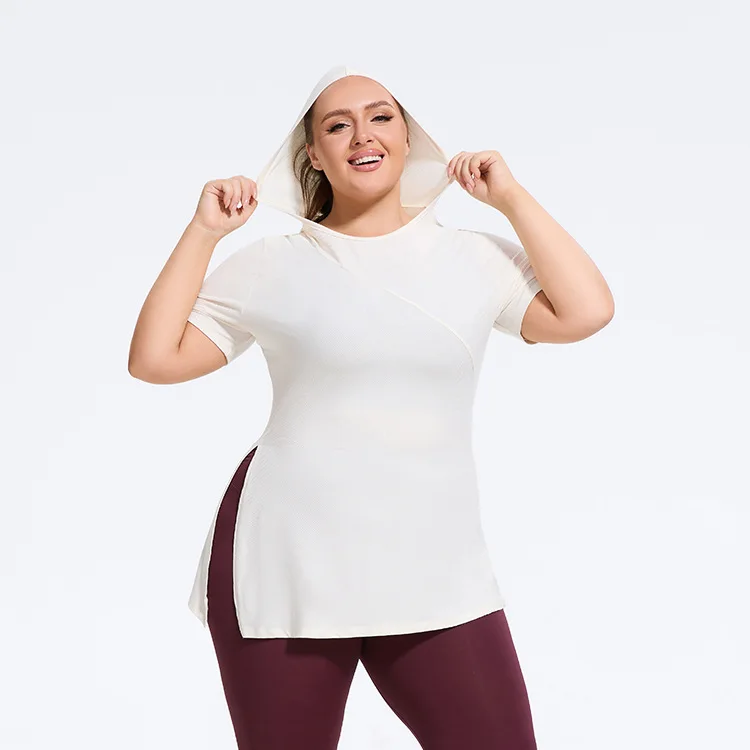 Women's Plus Size Lightweight Yoga Fitness Sports Top Hooded Slim Fit Short Sleeve Running T-Shirt Breathable Side Slit