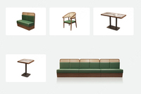 Ensemble de mobilier commercial pour café, fast-food, restaurant : banquette, canapé, table et chaises en cuir et bois, idéal pour les espaces carrés et ronds.