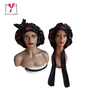 MUYANG New product CUSTOMIZE Full Logo Round Satin <b>Bonnet</b> With Elastic Tie Printed Pattern For Women 56-58CM Home Use - Product Image 5