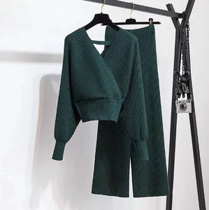 Conjunto de 2 piezas de Jersey de punto para mujer, jersey con manga farol en la parte trasera abierta, cuello en V, Color sólido, moda de otoño - Product Image 3