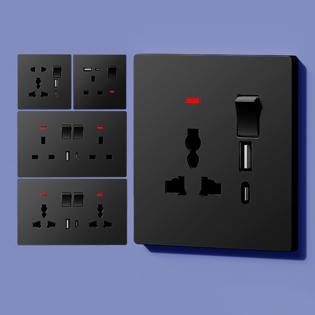 Modern Matte Black Light Switch and Socket With USB Type C Fast Charging Ports 1 Gang 2 Way Residential Wall Plate