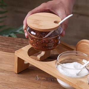 Wooden <b>Spice</b> Rack With Glass <b>Jars</b> And Lids For Kitchen Storage Seasoning Organizer With Handle - Product Image 3