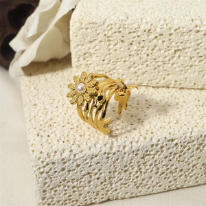 Non Tarnish Gold Plated Cuff Finger <b>Rings</b> Women Shell Pearl Charm Sunflower <b>Ring</b> - Product Image 4