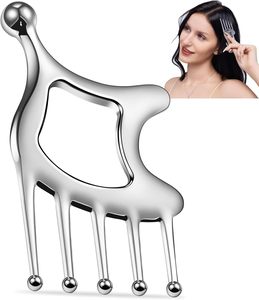 Peigne de massage du cuir chevelu en métal portable 5 en 1, outil facial Gua Sha pour la relaxation de la tête, le lifting du <span class=keywords><strong>visage</strong></span>, le drainage lymphatique, logo personnalisé - Product Image 1