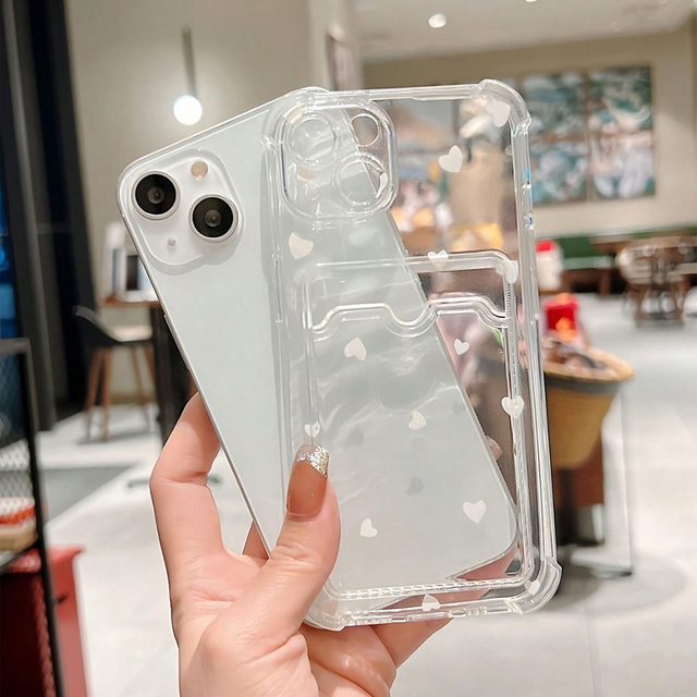 Small White Love Heart Printing Card Slot Transparent TPU Mobile Phone Cover Case for Iphone Xs 11 12 13 14 15 16 17 18 Pro Max