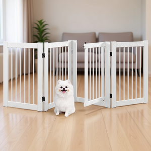 Clôture pour chien autoportante en bois blanc à 4 panneaux de 30 pouces de haut, barrière pour animaux de compagnie d'intérieur au design moderne avec fermeture à pousser - Product Image 2