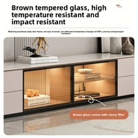 Meuble TV avec portes en verre cannelé et éclairage LED intégré, console multimédia à quatre tiroirs, meuble TV bas et long
