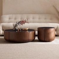Mesa de centro de pétalos de mármol negro nórdico moderno de gama alta, sinterizada losa de piedra, juego de mesa central de madera de nogal redondo con cajón