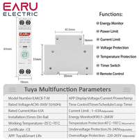 Disjoncteur intelligent WiFi Tuya EWeLink MCB 1P 1-63A avec compteur de puissance, d'énergie kWh, de tension et de courant, protection et contrôle vocal à distance EAKCB
