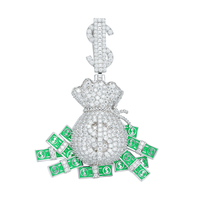 Pendentif Sac d'argent Moissanite VVS Iced Out, Plaqué Rhodium, Symbole Dollar, Style Hip Hop, Effet 3D, Bijoux Streetwear