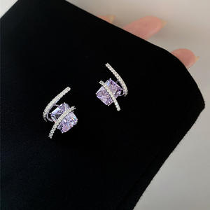 E2899 <b>Purple</b> Gemstone Stud Earrings <b>Cushion</b> Cut Geometric Design Claw Setting Women's Fashion Jewelry Party Trendy Alloy - Product Image 5