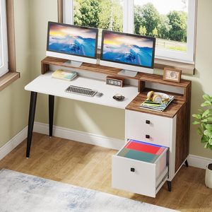 Bureau d'<span class=keywords><strong>ordinateur</strong></span> de 56 pouces avec armoire à tiroirs, bureau ergonomique avec étagères <span class=keywords><strong>pour</strong></span> moniteur, table d'<span class=keywords><strong>ordinateur</strong></span> avec espace <span class=keywords><strong>pour</strong></span> <span class=keywords><strong>imprimante</strong></span> - Product Image 3