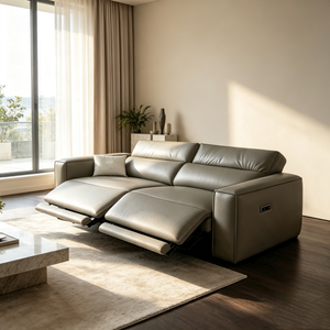 Sofá reclinable eléctrico multifuncional de cuero gris claro personalizado para casa o villa. - Product Image 1