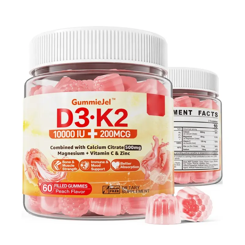 Đường miễn phí Vitamin D3 K2 Gummies với 500mg canxi & magiê trung tâm đầy vitamin bổ sung
