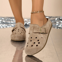 Mules sabots perforées pour femmes avec bride à boucle, bout fermé, plates, sans talon, marron beige