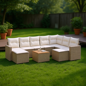 Conjunto de Sofás de Jardín Tivvaza Beige de Ratán, 10 Plazas, Muebles Contemporáneos Resistentes a la Intemperie - Product Image 2