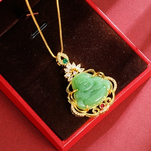 Pingente de Buda com Corrente Banhada a Ouro <span class=keywords><strong>24k</strong></span>, Clássico, com Jade Verde, Amuleto da Sorte, Joia da Moda para Mulheres e Homens - Product Image 6