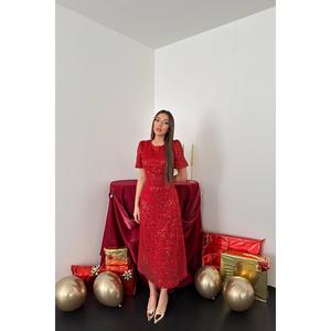 Robe de soirée longue rouge à sequins, du XS au XL, avec décorations en strass et perles drapées à plusieurs niveaux, idéale pour les soirées et les bals de promo. - Product Image 5