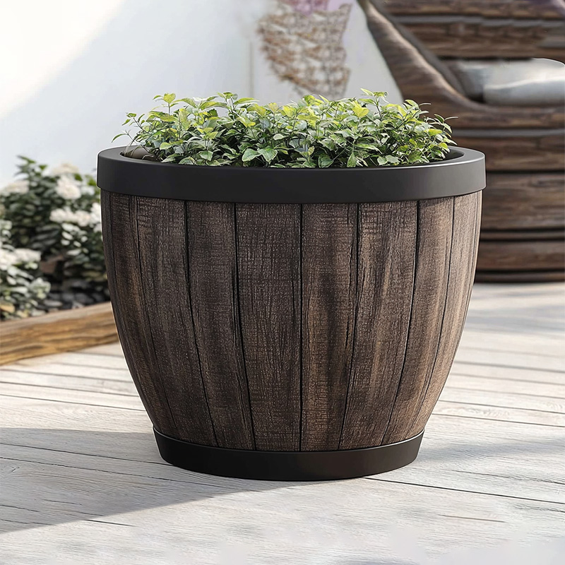 Classic 12 16 20 Inch Plastic Barrel Pots - Walnut Brown