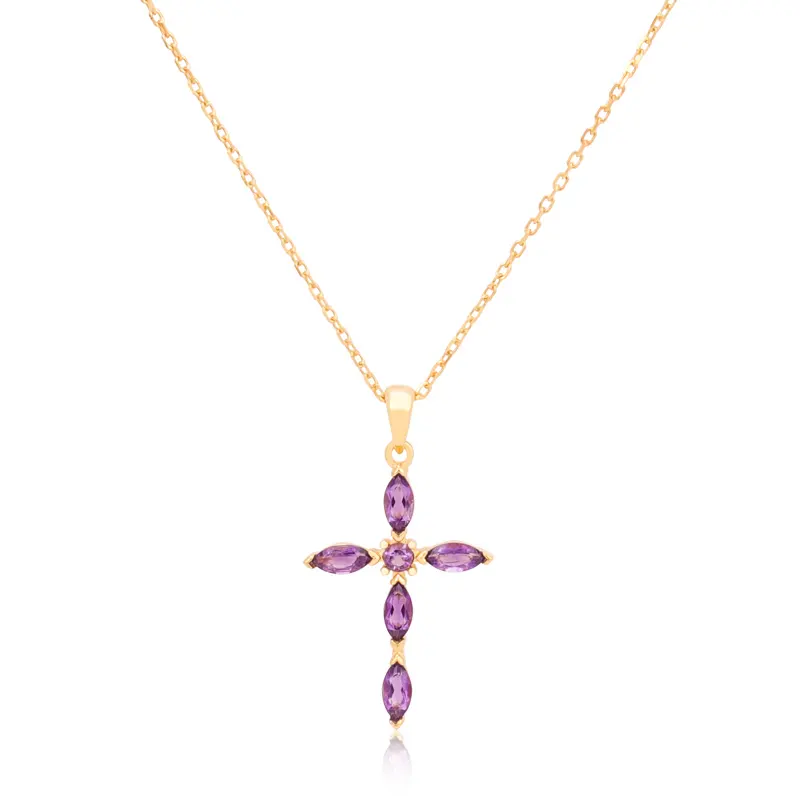 925 Sterling Silver 18K Gold Plated Gemstone Hand Setting Marquise Round Shape Amethyst Cross Necklace For Christmas Gift