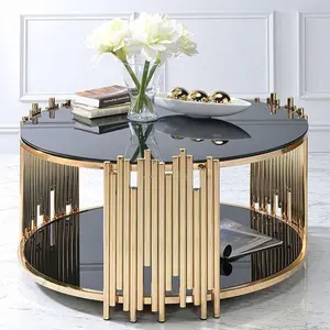Modern Living Room Furniture 2 Layers Black Metal Center Round Coffee Table Mirrored Clear Glass Top Center Coffee Table
