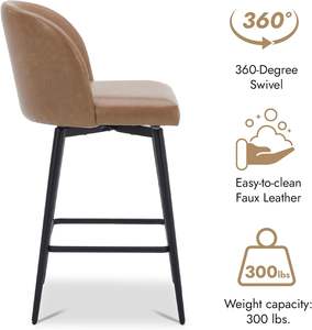 Modern Height Counter Barstools Swivel Faux Leather <strong>Upholstered</strong> <strong>bar</strong> <strong>Stool</strong> with <strong>Backs</strong> and Metal Legs <strong>bar</strong> Chair - Product Image 3