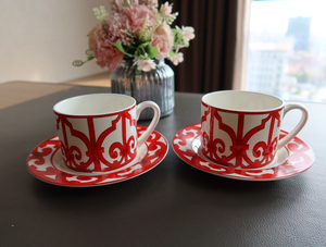 Hot Sale Western Restaurant Bone China Tableware <b>Set</b> Classic Design Eco-Friendly Red Wrought Iron Patterned Coffee <b>Cup</b> Saucer - Product Image 6