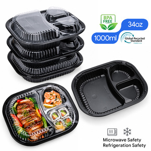Conteneur alimentaire jetable en plastique PP à 3 compartiments de 1000 ml avec couvercle transparent en PET, compatible micro-ondes, boîte à lunch à emporter, blister - Product Image 1