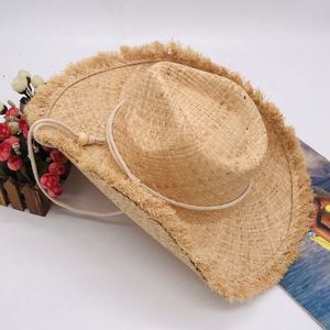 Chapeaux de cowboy de plage personnalisés OEM, en paille de raphia avec cordon anti-vent, pour activités promotionnelles - Product Image 1