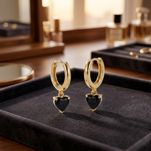 Pendientes de Aro Colgantes con Corazón en Plata Chapada en Oro de 18K, Negros, Modernos, para Mujer, Joyería de Fiesta - Product Image 3