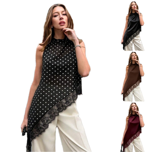 Custom Women's <b>Asymmetric</b> Polka Dot Chiffon Sleeveless <b>Top</b> Lace <b>Hem</b> | Stand Regular Fit Tank Blouse | Casual Spring Button - Product Image 1