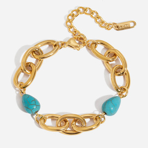 Pulsera de Cadena Ovalada de Acero Inoxidable Dorado con Cuentas de Turquesa, Joyería Unisex - Product Image 1