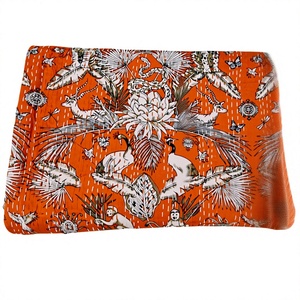 Bohemian Printed Quilt Orange and <b>Pink</b> Floral Animal Pattern Handmade Throw Blanket All-Season Home Decor - Product Image 1
