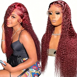 Peluca de Cabello Humano Remy Virgen Largo y Rizado con Raíz Oscura Transparente, Mezcla Rojiza Rubia 99J, Densidad 180%, con Frente de Encaje - Product Image 1