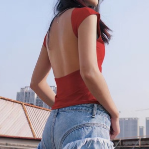 Top de Verano Casual para Mujer, Transpirable, Antipilling, Ajustado, de Manga Corta, con Espalda Descubierta - Product Image 4