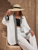 Ensemble deux pièces pour femmes grandes tailles, kimono blanc brodé à ouverture devant et pantalon large, vente en gros, sur mesure