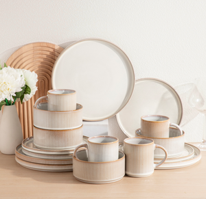 Juego de Vajilla de Cerámica de 16 Piezas, Estilo Rústico Moderno con Rayas Verticales, Esmalte Reactivo, Apto para Microondas, Platos, Tazones y Tazas - Product Image 2