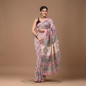 Sari en soie Chanderi pure imprimé à la main avec pièce de blouse – Sari élégant en soie Chanderi pure – Vêtement ethnique imprimé à la main - Product Image 1