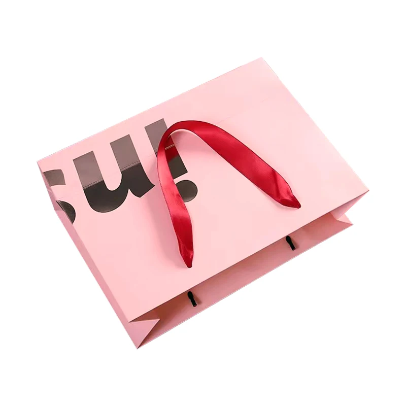 luxury kraft square bottom pink paper cosmetic gift bag with handles satin drawstring bag custom logo
