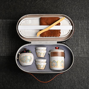 Juego de té de viaje estilo antiguo, bandeja de té portátil de cerámica para exteriores con tapa, diseño tradicional chino para viajar - Product Image 1
