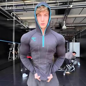 เสื้อฮู้ดดี้ผู้ชายทรงสลิมฟิต แบรนด์ 2026 GYM รุ่นออกกำลังกาย ลายทาง สำหรับฤดูใบไม้ร่วงและฤดูหนาว แห้งเร็ว ผ้าสเตรช แขนเสื้อแบบแร็กแลน ซิปครึ่งตัว - Product Image 1