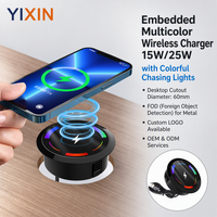 Cargador Inalámbrico Oculto para Muebles YIXIN, Orificio de 60 mm, Carga Rápida Qi de 15 W con Luz Intermitente de Colores, Diseño Compatible con Fundas, 15 W 25 W