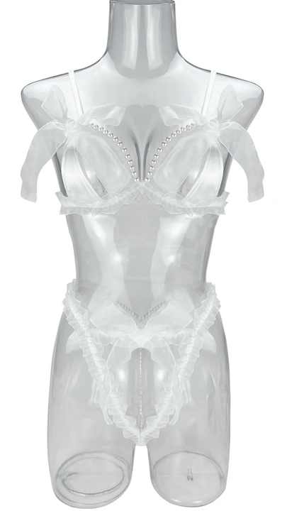 Two Piece Pearl Strand Open Cup Bra and Crotchless G-String Panty main image 1