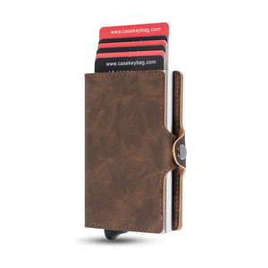 Casekey New Vintage PU Leather Popup Cash Clip <b>Wallet</b> Portefeuille Rfid Safe Aluminum <b>Metal</b> Automatic Silding Smart Card Holder - Product Image 1