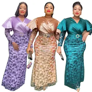 Patchwork paillettes fête Ankara robe africaine 2023 élégant à volants manches Maxi robe col en V anniversaire robe de Cocktail robe