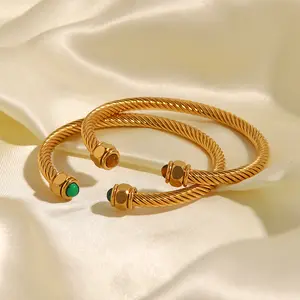 New Fashion 18k Gold Plated Stainless Steel Bracelet & Bangles Green Nature Stone Twist Pave Opening Bangles 5 buyers