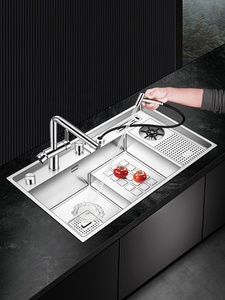 Grifo de agua fría y caliente, barra cepillada, tazón hecho a mano, arandela de taza, paso, lavabo de lavado individual 304 SS, armario para el hogar, fregadero de cocina - Product Image 3